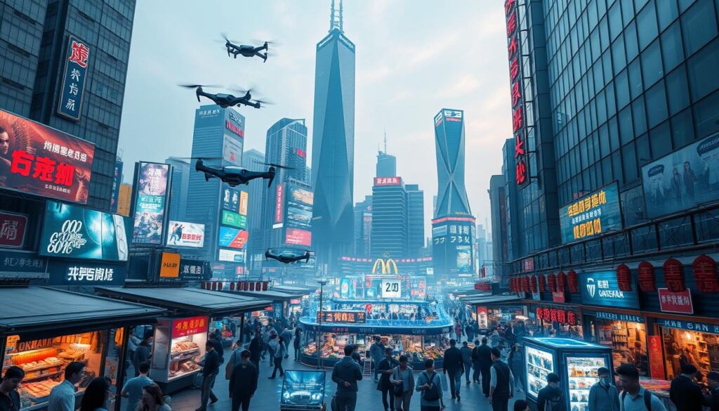 A bustling digital marketplace in the heart of China, with towering skyscrapers and neon-lit billboards casting a vibrant glow across the scene. In the foreground, a thriving trading hub, where vendors hawk their wares on sleek, holographic displays, seamlessly integrating cutting-edge technology with the energy of a traditional bazaar. Amid the crowds, futuristic delivery drones zip overhead, while augmented reality interfaces guide customers through the maze of products. The middle ground features a vast, holographic marketplace, its expansive layout showcasing a diverse array of digital goods and services. In the background, the cityscape rises, a symphony of modern architecture and gleaming glass, reflecting the rapid technological advancements transforming China's commercial landscape. The overall atmosphere conveys a sense of innovation, efficiency, and the boundless potential of 1688Order, a smart alternative that embraces the future of digital commerce.