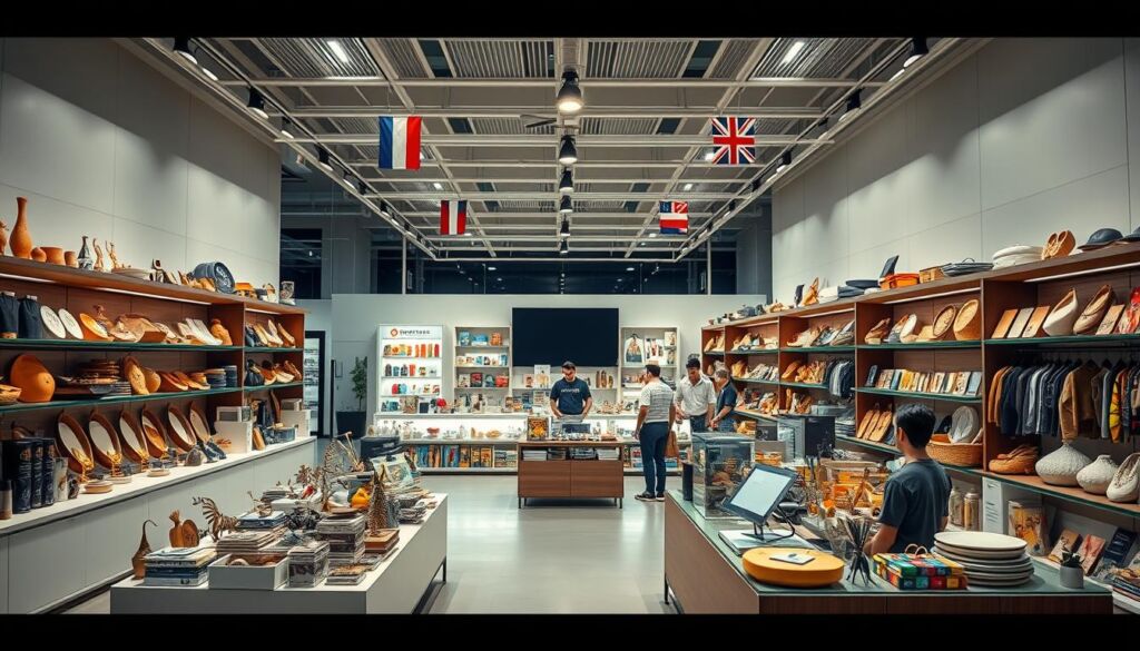 A bustling e-commerce marketplace with a diverse array of products showcased in a well-lit, modern setting. In the foreground, a variety of unique and intriguing items are displayed on sleek shelves, inviting the viewer to explore. The middle ground features a clean, minimalist interface with seamless navigation, highlighting the user-friendly experience. In the background, a panoramic view of the platform's global reach, with flags and icons representing the international scope of the offerings. The overall scene conveys a sense of accessibility, quality, and the thrill of discovering new and extraordinary products from around the world.