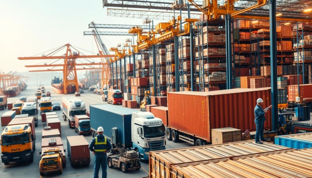 A bustling logistics hub, showcasing the efficiency of freight consolidation companies. In the foreground, experienced logistics professionals oversee the seamless loading and unloading of cargo containers, utilizing state-of-the-art equipment and technology. The middle ground features a network of transportation modes - trucks, trains, and shipping vessels - all converging to facilitate the smooth movement of goods. In the background, a modern warehouse with towering shelves and automated material handling systems, demonstrating the after-sales services and storage capabilities of these industry leaders. Warm, directional lighting casts a sense of productivity and precision, while the overall composition conveys the precision and reliability of freight consolidation logistics.