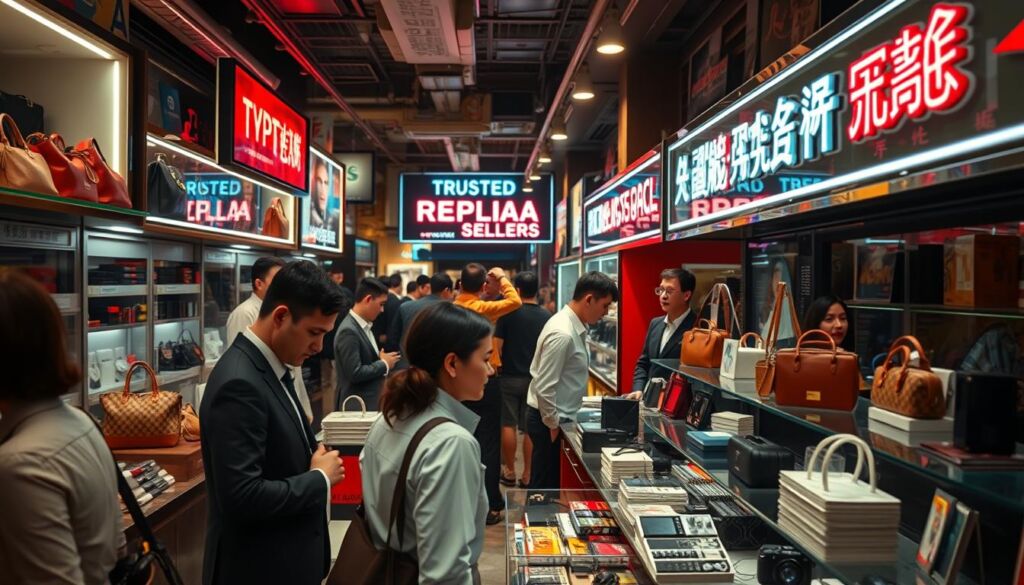 A bustling marketplace filled with trusted replica sellers, showcasing their wares against a backdrop of sleek product displays and vibrant neon signage. In the foreground, well-dressed individuals peruse the offerings, examining high-quality imitations with a discerning eye. The scene is bathed in warm, diffused lighting, creating an air of professionalism and authenticity. Intricately detailed products, from luxury handbags to cutting-edge electronics, line the shelves, drawing the viewer's attention to the wide range of replica categories available. The overall atmosphere conveys a sense of a thriving, yet discreet, underground marketplace catering to the discerning tastes of savvy consumers.