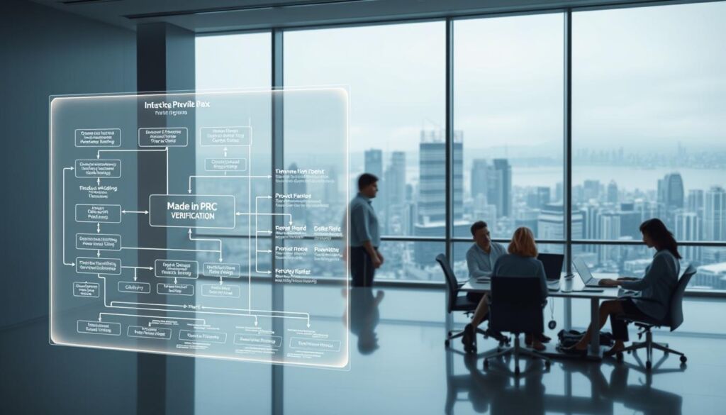 A complex workflow diagram showcasing the intricate process of optimizing product sourcing, set against the backdrop of a modern, minimalist office environment. In the foreground, a sleek, holographic display illuminates a comprehensive flowchart, guiding the viewer through each step of the "Made in PRC" supply chain verification. The middle ground features a team of professionals collaborating over laptops and tablets, their expressions focused as they analyze data and make strategic decisions. In the background, floor-to-ceiling windows provide a panoramic view of a bustling city skyline, symbolizing the global scale of this optimization challenge. The lighting is soft and diffused, creating a sense of clarity and professionalism, while the color palette is dominated by shades of blue and gray, conveying a tone of technological sophistication.