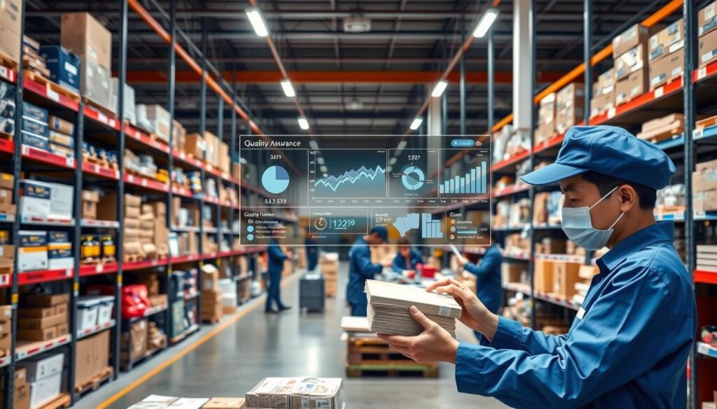 A modern, well-lit warehouse interior with rows of shelves stocked with various Taobao products. In the foreground, a worker in a blue uniform is carefully inspecting a product, examining it from multiple angles. The middle ground features several other workers engaged in quality control tasks, such as measuring, testing, and documenting the products. The background showcases a digital quality assurance dashboard with real-time metrics and analytics. The overall scene conveys a sense of meticulous attention to detail, professionalism, and a commitment to ensuring high-quality Taobao products.