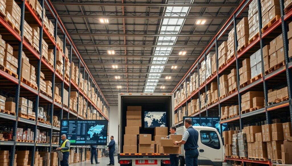 A modern, well-organized warehouse interior with rows of metal shelving stocked with neatly organized packages and boxes. In the foreground, a team of warehouse workers in uniforms methodically checking inventory and loading cargo onto a freight consolidation truck. Soft, directional lighting from overhead fixtures casts a warm glow, highlighting the efficiency and reliability of the operation. The background features state-of-the-art logistics software displayed on large monitors, providing real-time data on global shipment tracking and delivery status. An atmosphere of professionalism, organization, and technological prowess pervades the scene.
