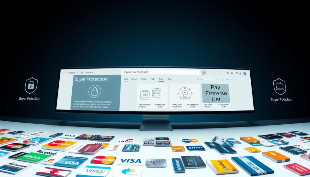 A panoramic view of a sleek, modern e-commerce platform showcasing various popular digital payment methods, with a focus on buyer protection features. The foreground displays a range of colorful payment icons and logos, including credit/debit cards, digital wallets, and buy-now-pay-later options. The middle ground features detailed graphics illustrating secure transaction processes and buyer safeguards, such as SSL encryption, fraud detection, and money-back guarantees. The background depicts a minimalist web interface with a clean, responsive design, highlighting the user-friendly experience. The overall scene conveys a sense of trust, reliability, and consumer empowerment associated with reputable e-commerce sites like AliExpress.