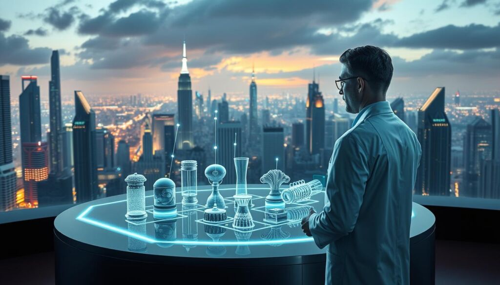 A sprawling futuristic cityscape, its towering skyscrapers and neon-lit skyline reflected in a sleek, mirrored podium. On the podium, an array of advanced holographic displays showcase a variety of 3D-rendered products, their surfaces shimmering with intricate details. Streams of data flow between the displays, as advanced AI algorithms analyze and optimize the virtual models. In the foreground, a lone engineer in a crisp, white lab coat examines the holographic projections, their face illuminated by the cool, ethereal glow. Ambient lighting casts dramatic shadows, creating a sense of depth and mystery. The overall scene conveys a vision of cutting-edge technology empowering the creation of authentic, high-fidelity replicas.