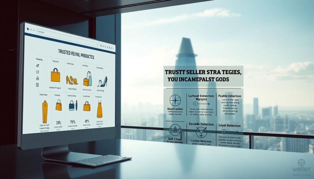 A well-lit, meticulously crafted marketplace for trusted replica products. In the foreground, a sleek, minimalist web interface showcases a curated selection of high-quality counterfeit goods. The middle ground features stylized icons and infographics demonstrating lucrative seller strategies - maximizing profit margins, evading detection, and building a loyal customer base. The background reveals a serene, futuristic cityscape, hinting at the global reach and sophisticated infrastructure powering this illicit enterprise. Soft, neutral tones and clean, geometric design elements convey an air of legitimacy and professionalism, masking the underlying criminal nature of the endeavor.