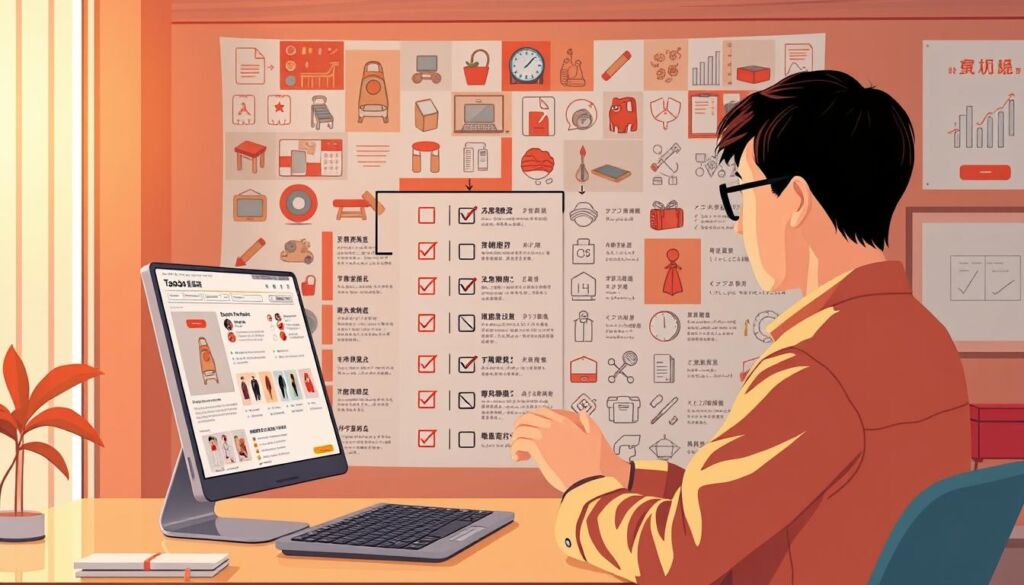 A workflow of Taobao product evaluation depicted through a meticulously crafted illustration. In the foreground, a user navigates a virtual Taobao interface, scrutinizing product details and customer reviews. The middle ground showcases a comprehensive checklist, guiding the evaluation process. In the background, a collage of Taobao product images and quality control icons conveys the attention to detail required. The scene is illuminated by warm, natural lighting, creating a sense of productivity and focus. The composition is balanced, with a clean, minimalist aesthetic that emphasizes the efficiency of the workflow.