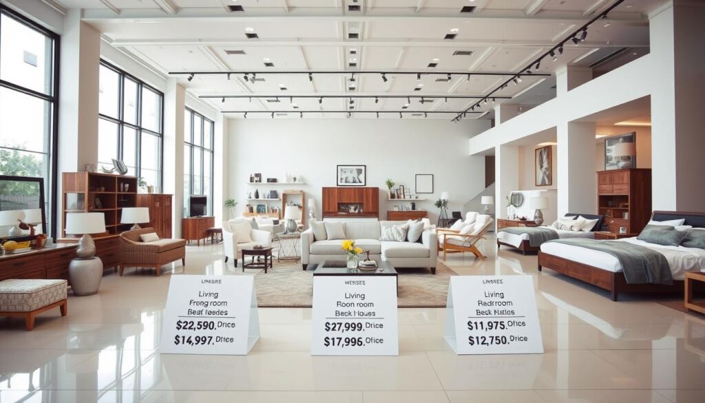 An elegantly designed furniture showroom, showcasing a variety of living room and bedroom pieces. The foreground features a clean, minimalist display of several furniture items, their prices and dimensions clearly visible, allowing for easy comparison. The middle ground showcases a variety of furniture styles, including modern, traditional, and rustic pieces, all presented in a well-lit, airy atmosphere. The background depicts a sleek, contemporary interior with large windows, providing a sense of spaciousness and highlighting the furniture in the best possible light. The overall scene conveys a sense of sophisticated simplicity, emphasizing the key details necessary for an informative cost-comparison guide.