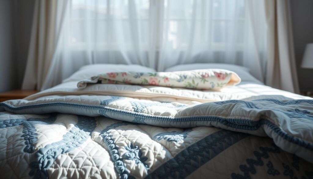 quilted blankets layered on bed