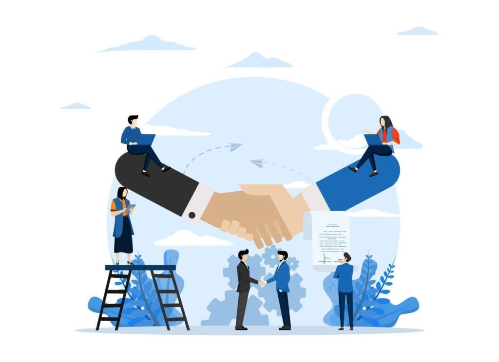 concept of cooperation in business or partnership agreement of parties man shaking hands after document signing successful partnership investment flat illustration vector